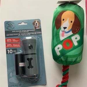 2pc Set Dog Waste Bags and Dispenser with Flashlight and Dog Toy.